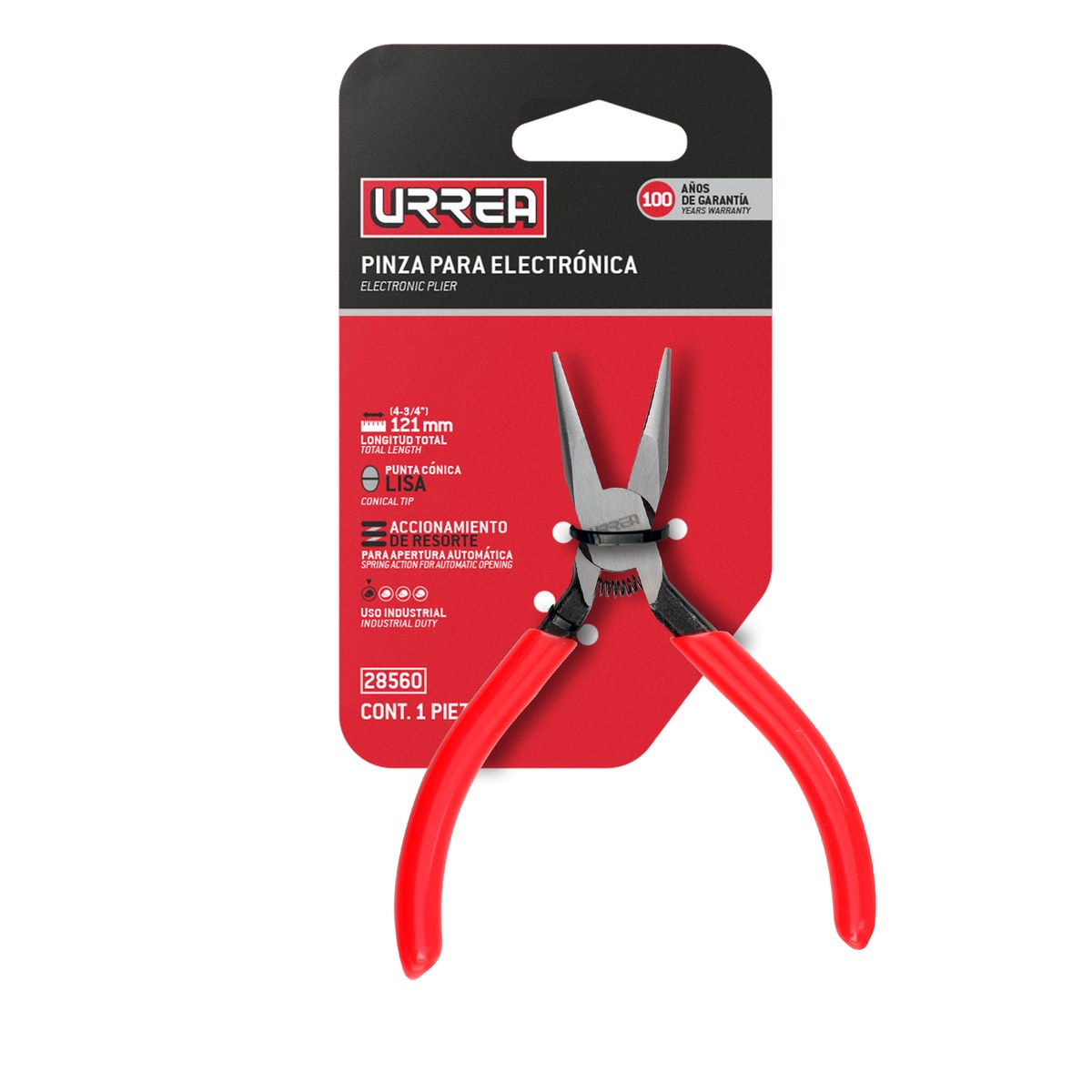Pinza para electrónica con mango rubber grip de 4-3/4" cónica lisa Urrea - Imagen 2