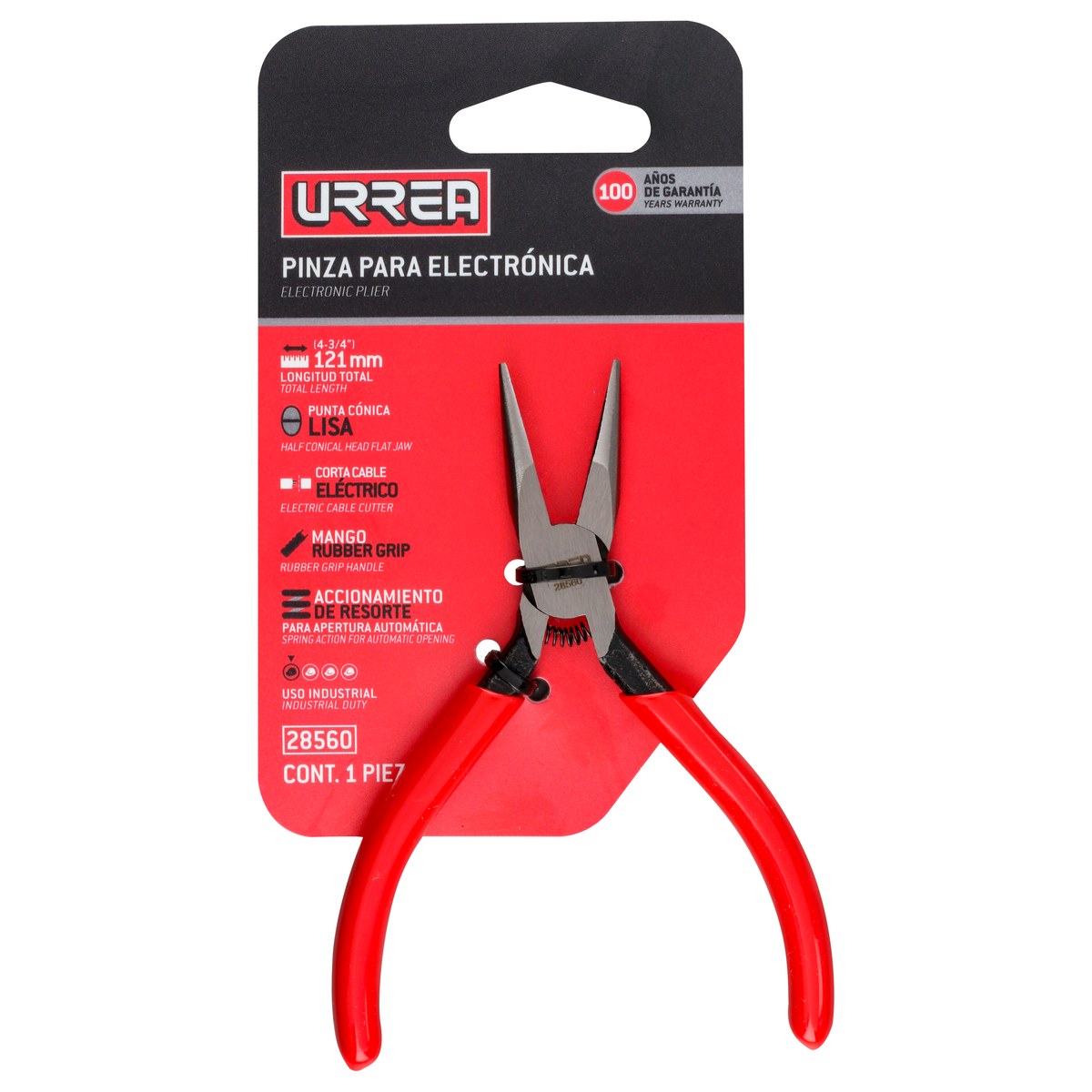 Pinza para electrónica con mango rubber grip de 4-3/4" cónica lisa Urrea - Imagen 3