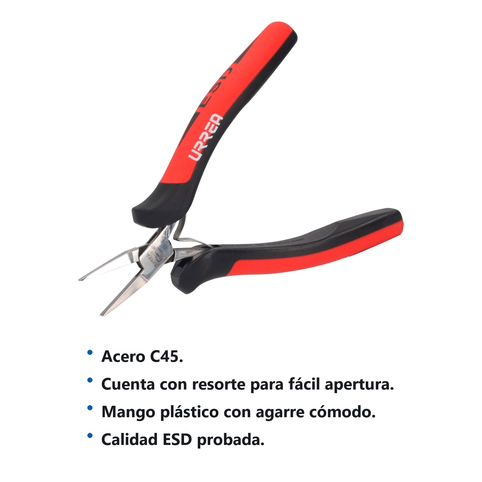 Pinza para electrónica con mango antiestático de 4-3/4" punta larga plana Urrea - Imagen 2