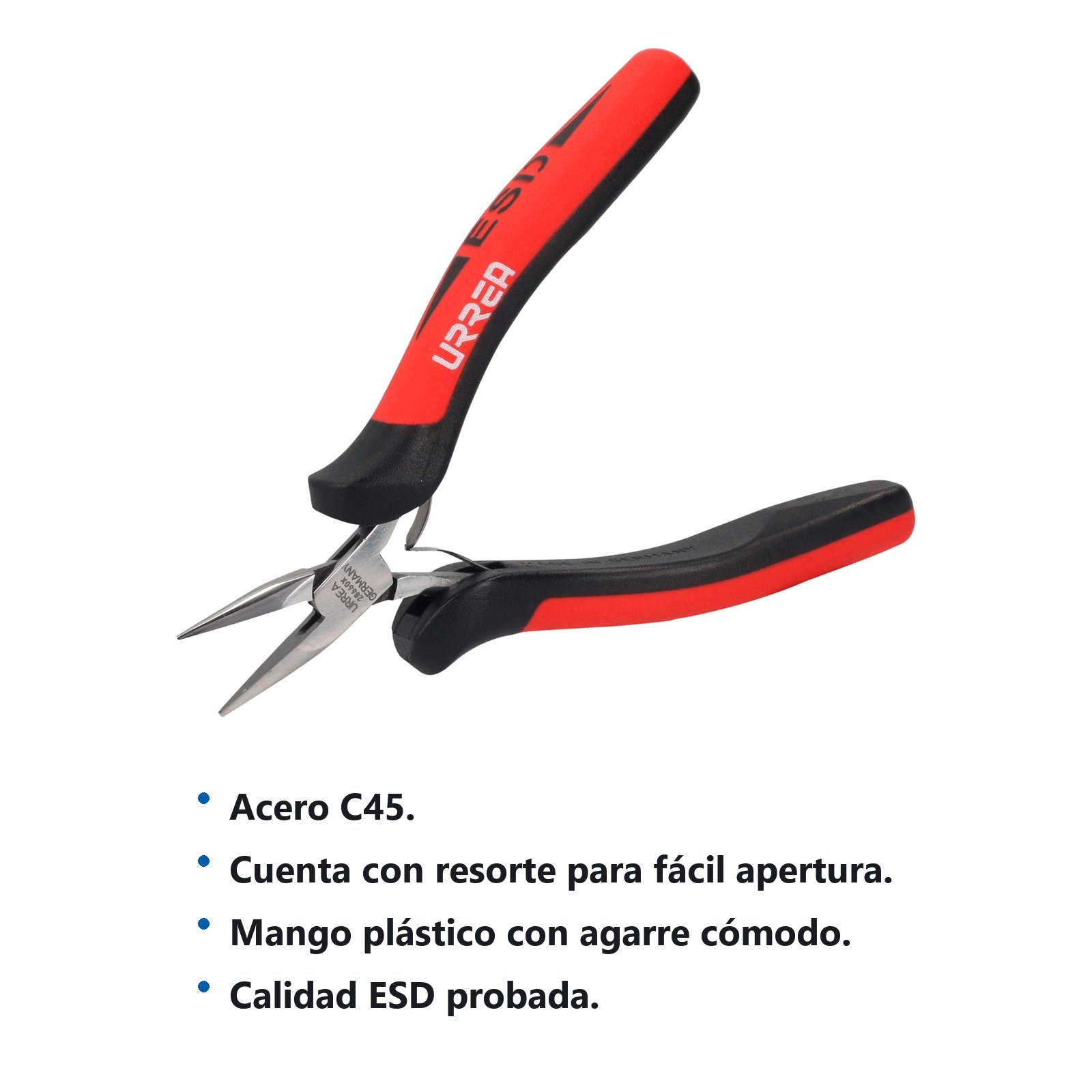 Pinza para electrónica con mango antiestático de 4-3/4" punta larga Urrea - Imagen 2