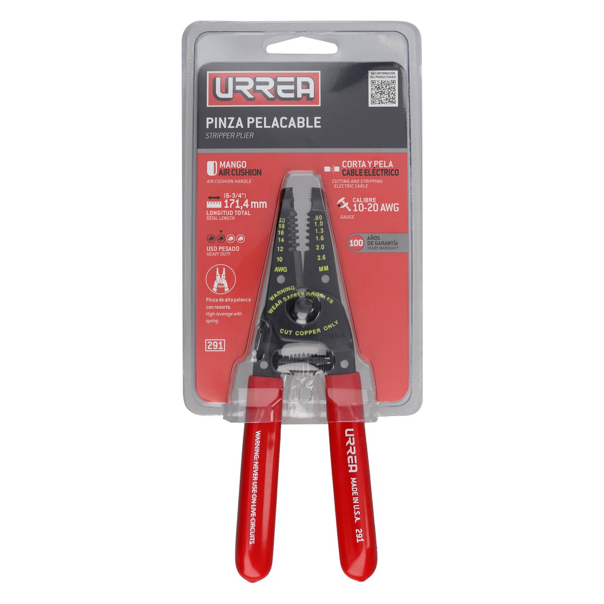 Pinza pelacable con mango air cushion 10-22 AWG de 6-3/4" alta palanca Urrea - Imagen 2