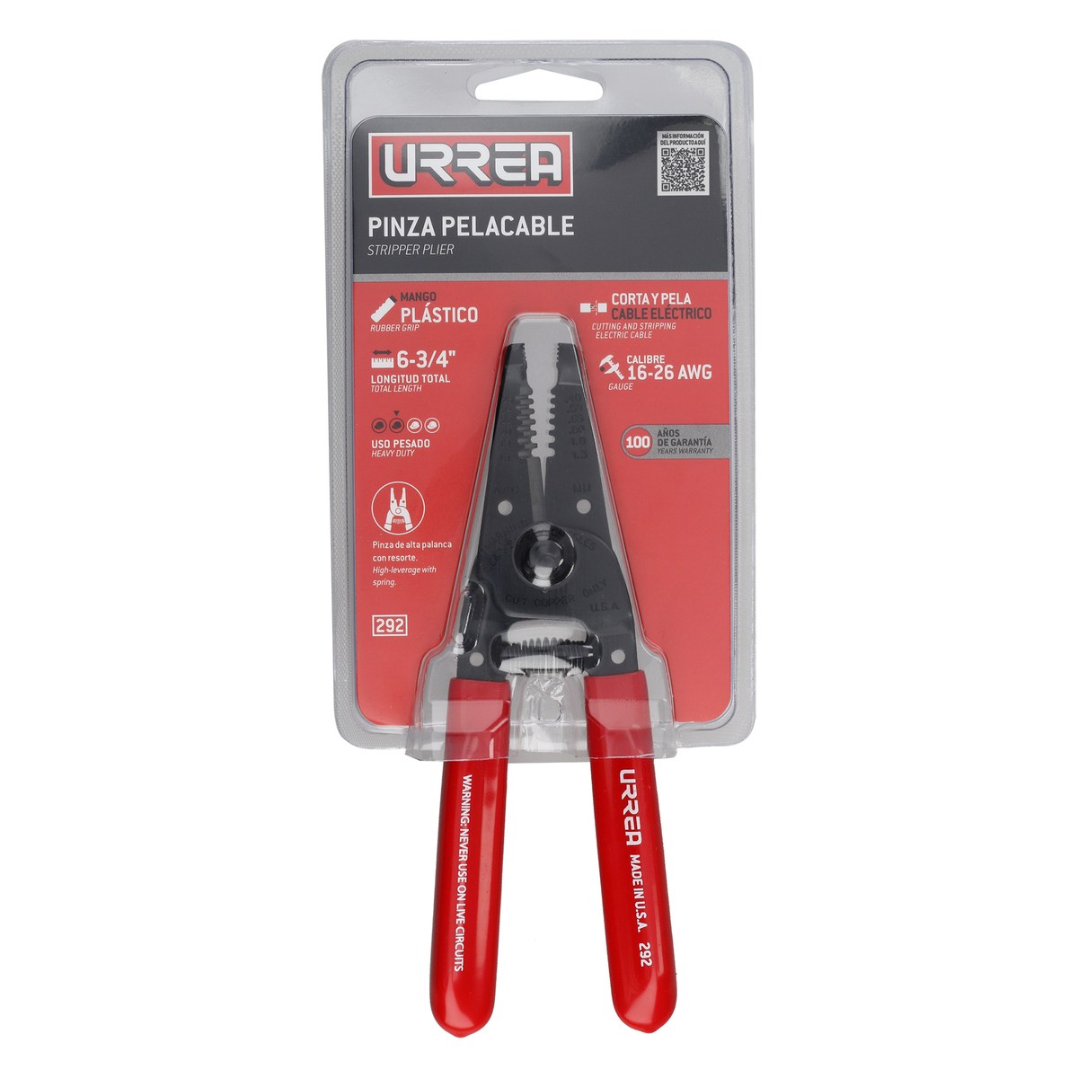 Pinza pelacable con mango air cushion 16-26 AWG de 6-3/4" alta palanca Urrea - Imagen 2