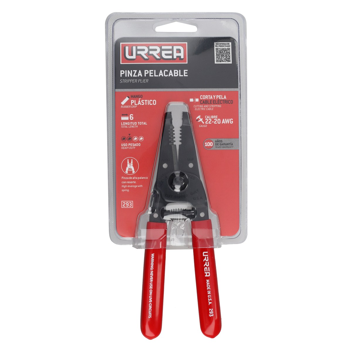 Pinza pelacable con mango air cushion 22-30 AWG de 6" alta palanca Urrea - Imagen 2