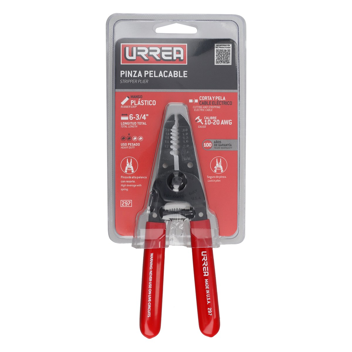 Pinza pelacable con mango air cushion 10-20 AWG de 6-3/4" alta palanca con seguro Urrea - Imagen 2