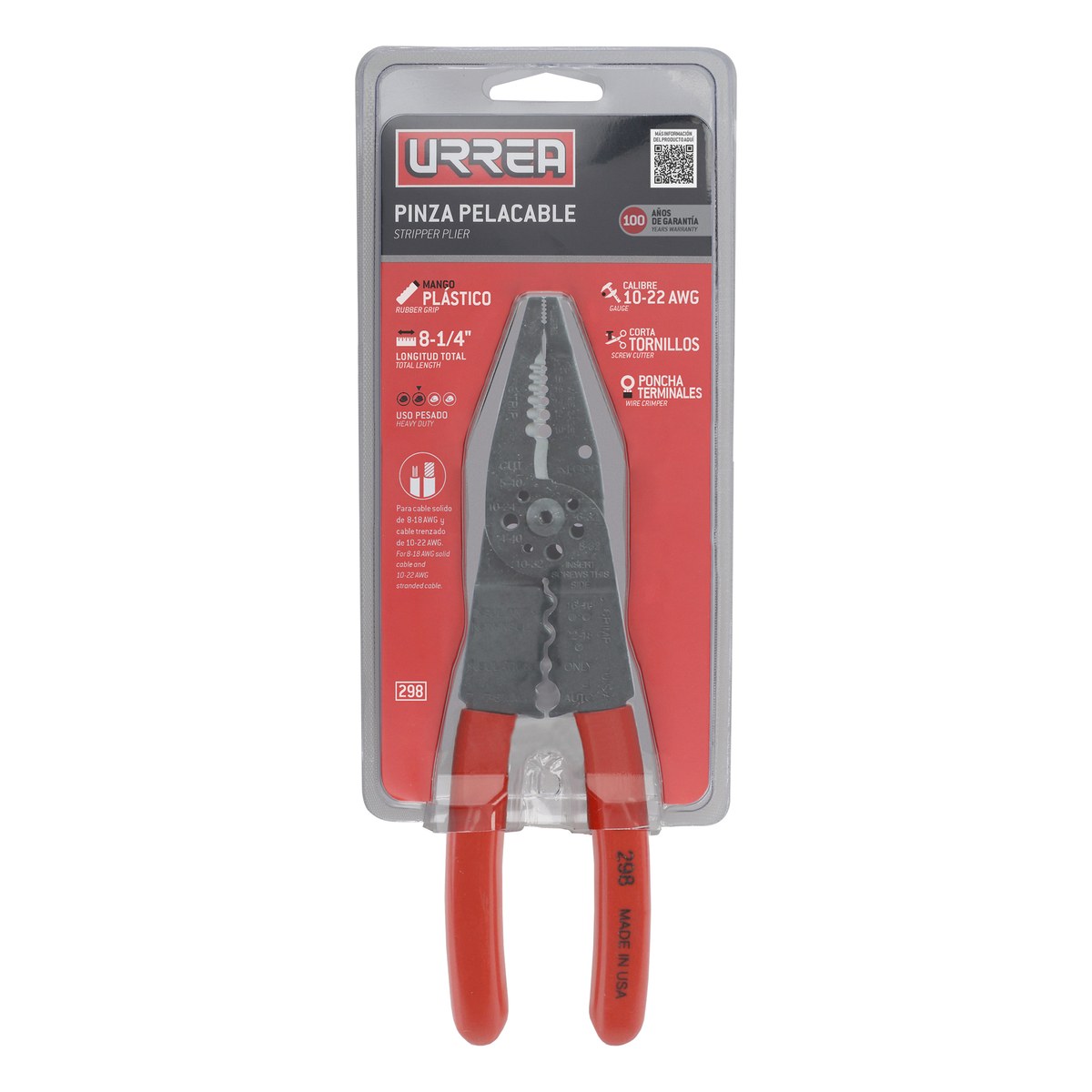 Pinza pelacable con mango air cushion 10-22 AWG de 8-1/4" poncha terminales Urrea - Imagen 2