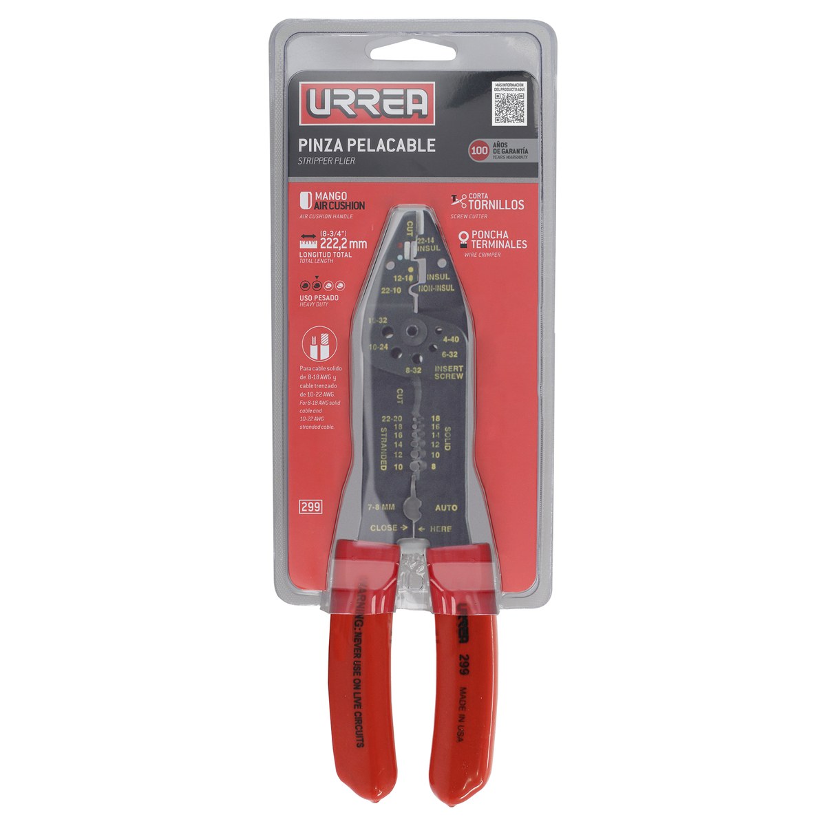 Pinza pelacable con mango air cushion 10-22 AWG de 8-3/4" poncha terminales Urrea - Imagen 2