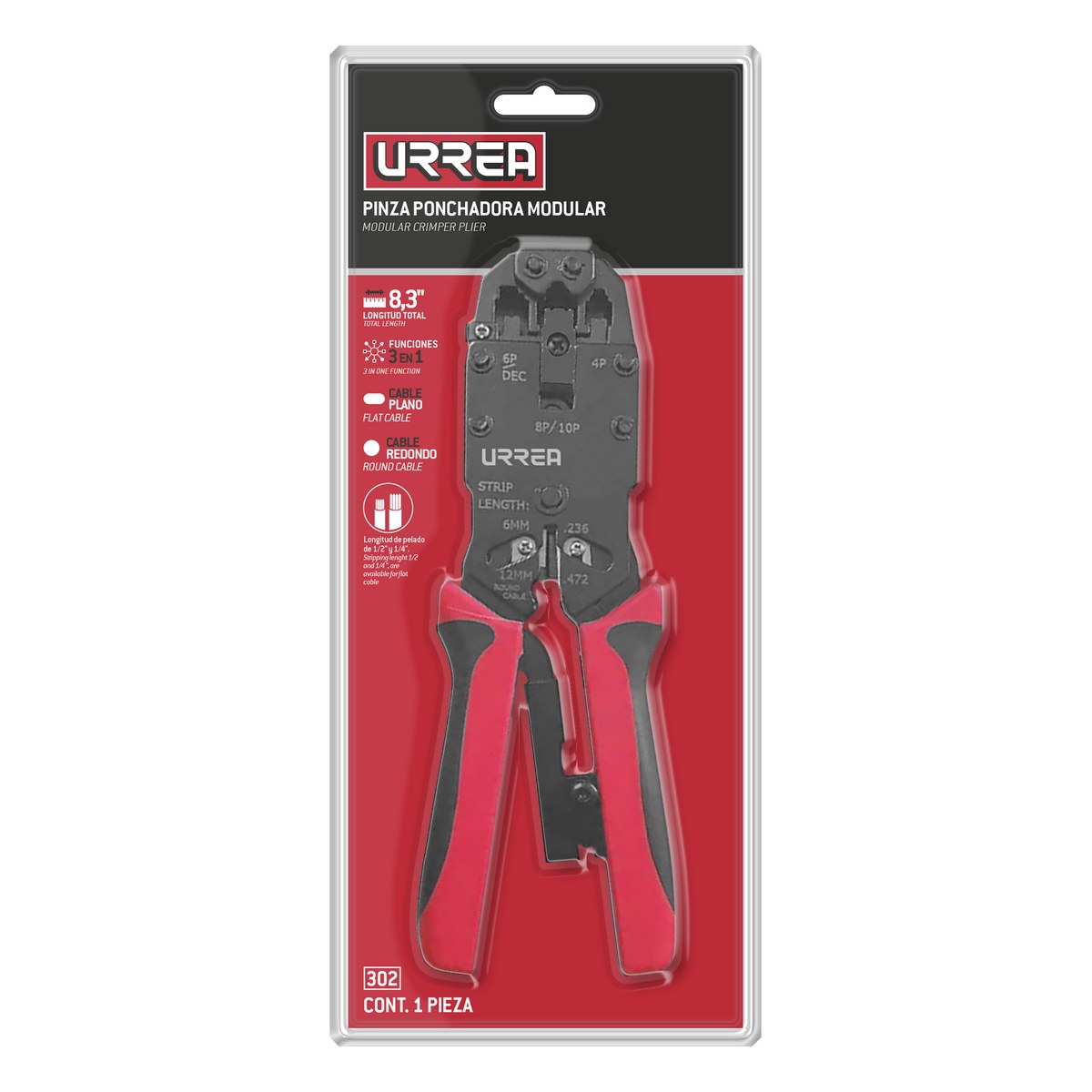 Pinza ponchadora modular 8.3" para conectores RJ22, RJ12/11, RJ45 Urrea - Imagen 2