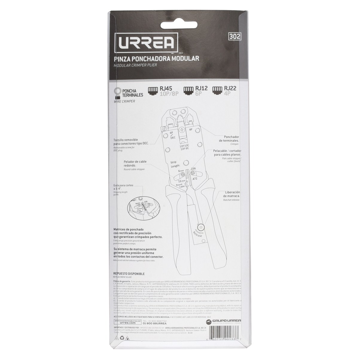 Pinza ponchadora modular 8.3" para conectores RJ22, RJ12/11, RJ45 Urrea - Imagen 3