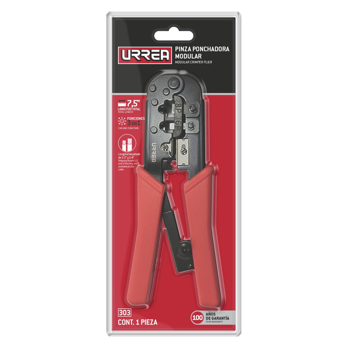 Pinza ponchadora modular 7.5" para conectores RJ12/11, RJ45 Urrea - Imagen 2