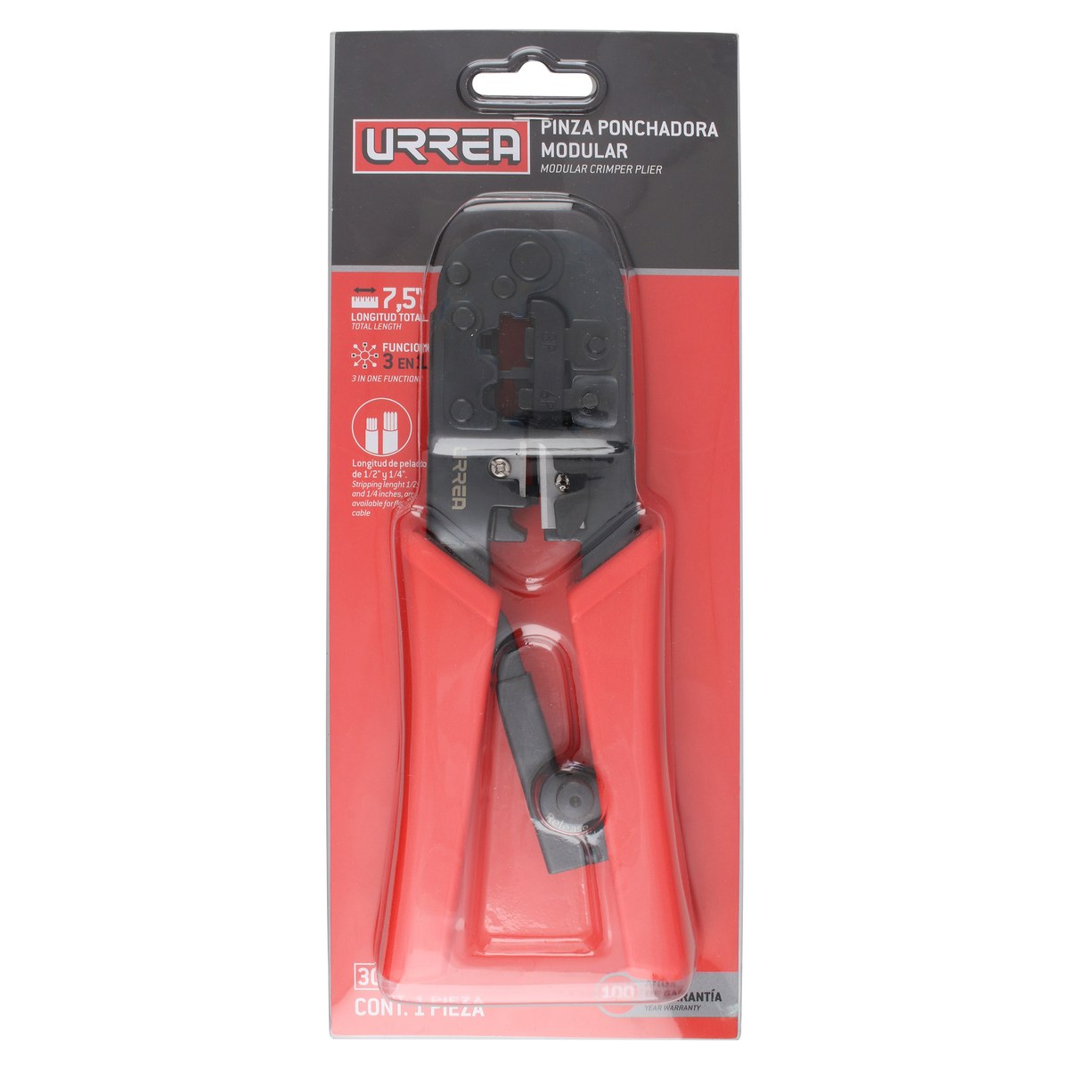 Pinza ponchadora modular 7.5" para conectores RJ12/11, RJ45 Urrea - Imagen 3