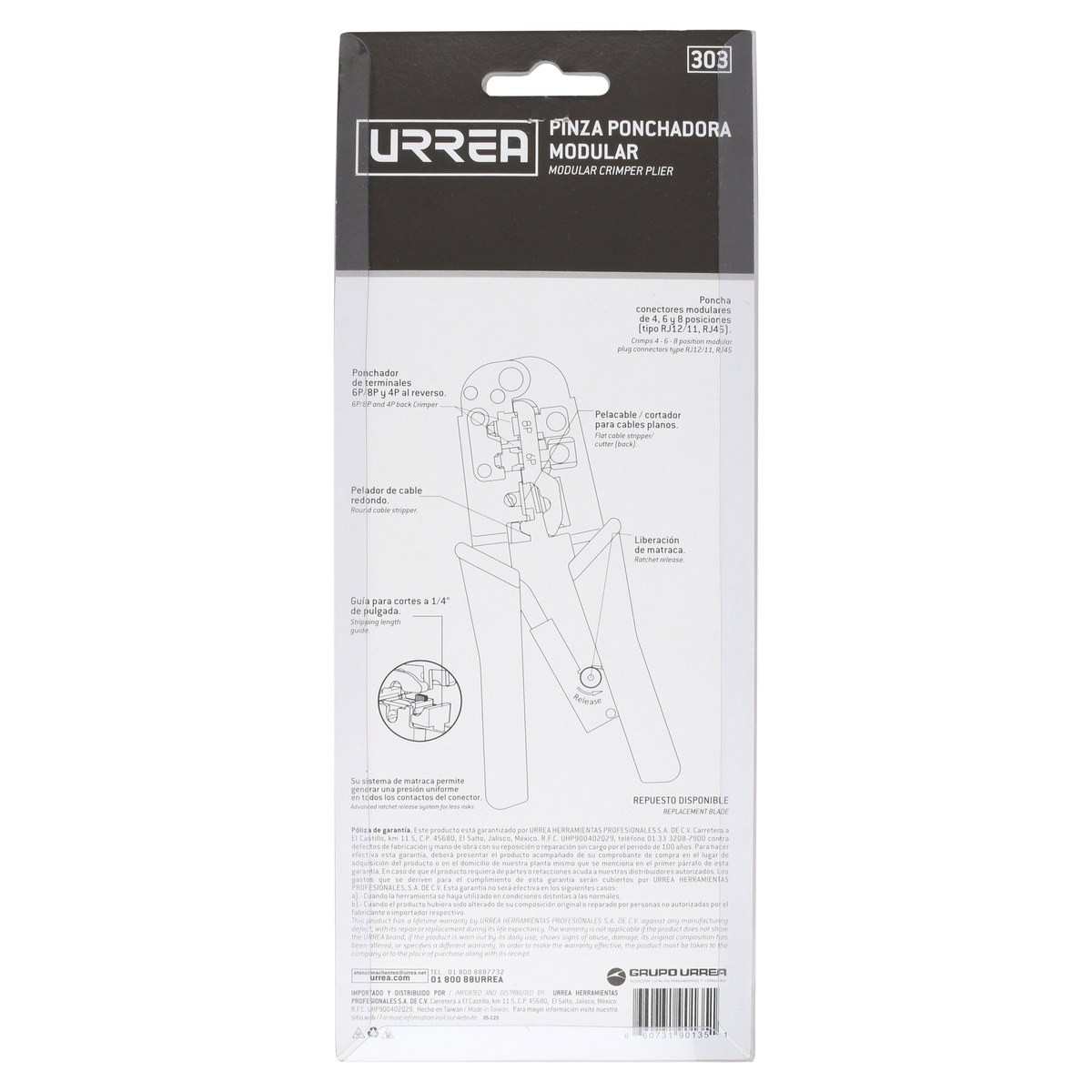 Pinza ponchadora modular 7.5" para conectores RJ12/11, RJ45 Urrea - Imagen 4