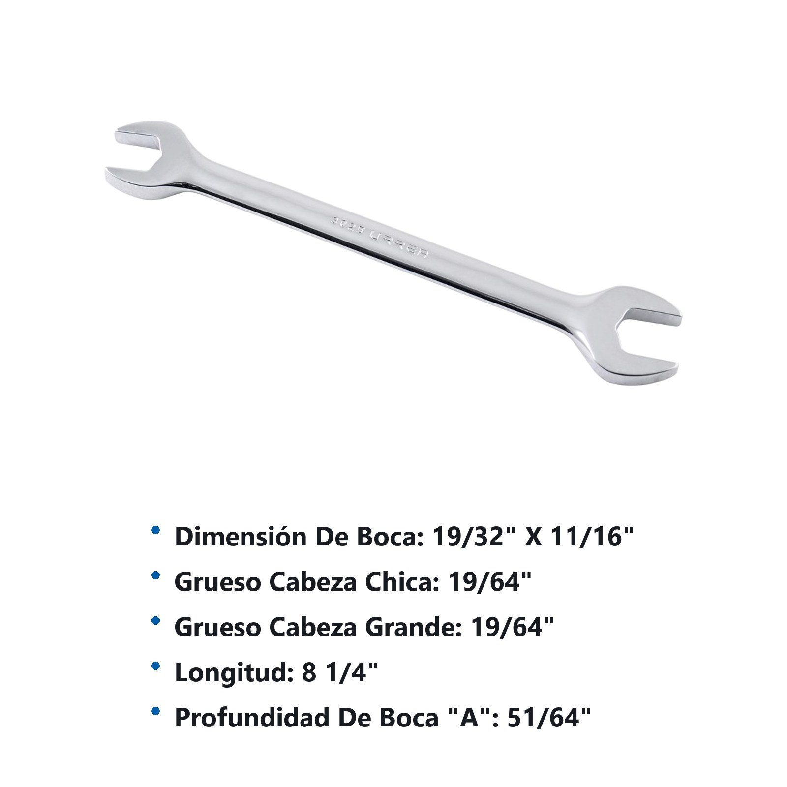 Llave española pulido espejo en pulgadas, 19/32" x 11/16" Urrea - Imagen 3
