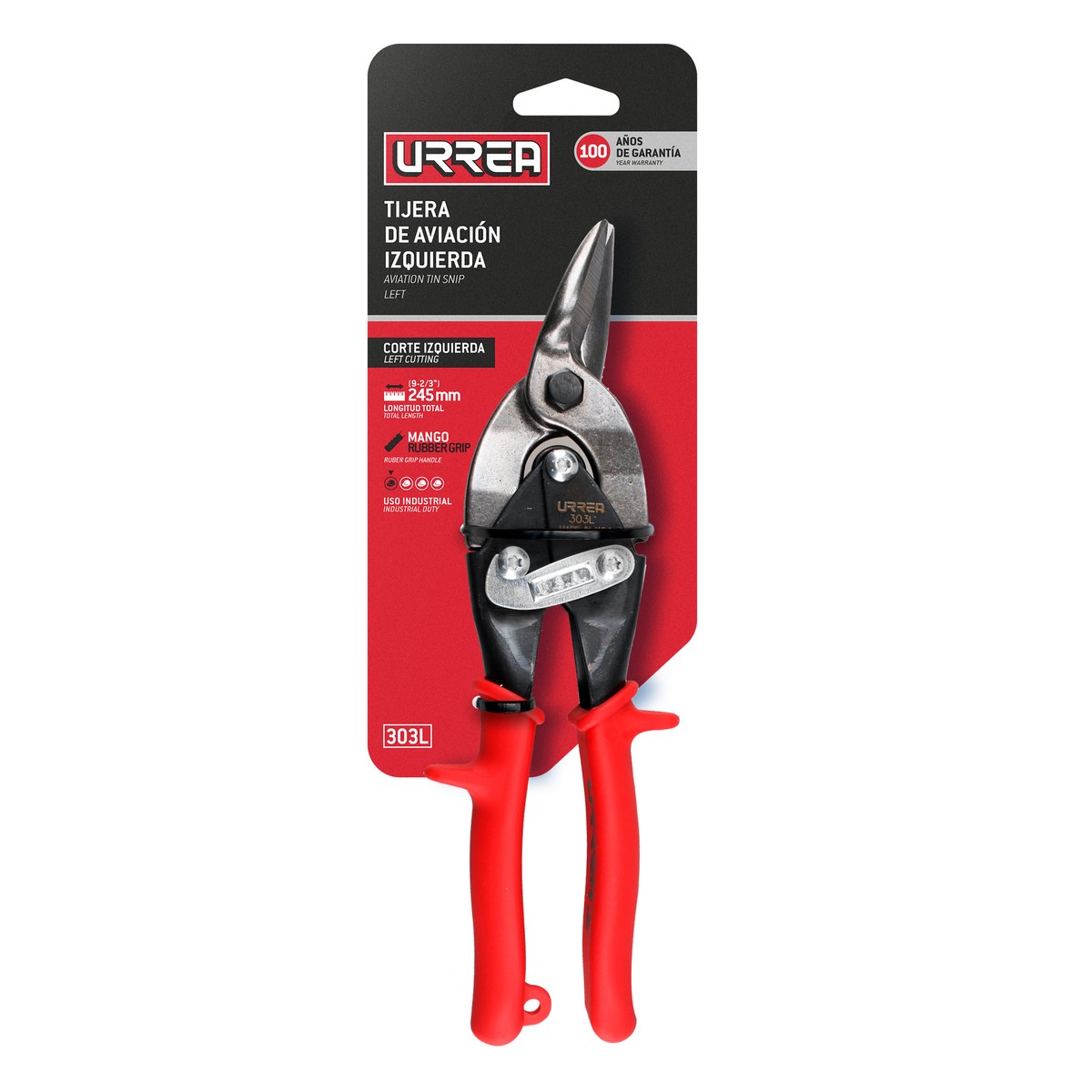 Tijera para hojalatero tipo aviación izquierda con mango rubber grip, 10" Urrea - Imagen 3