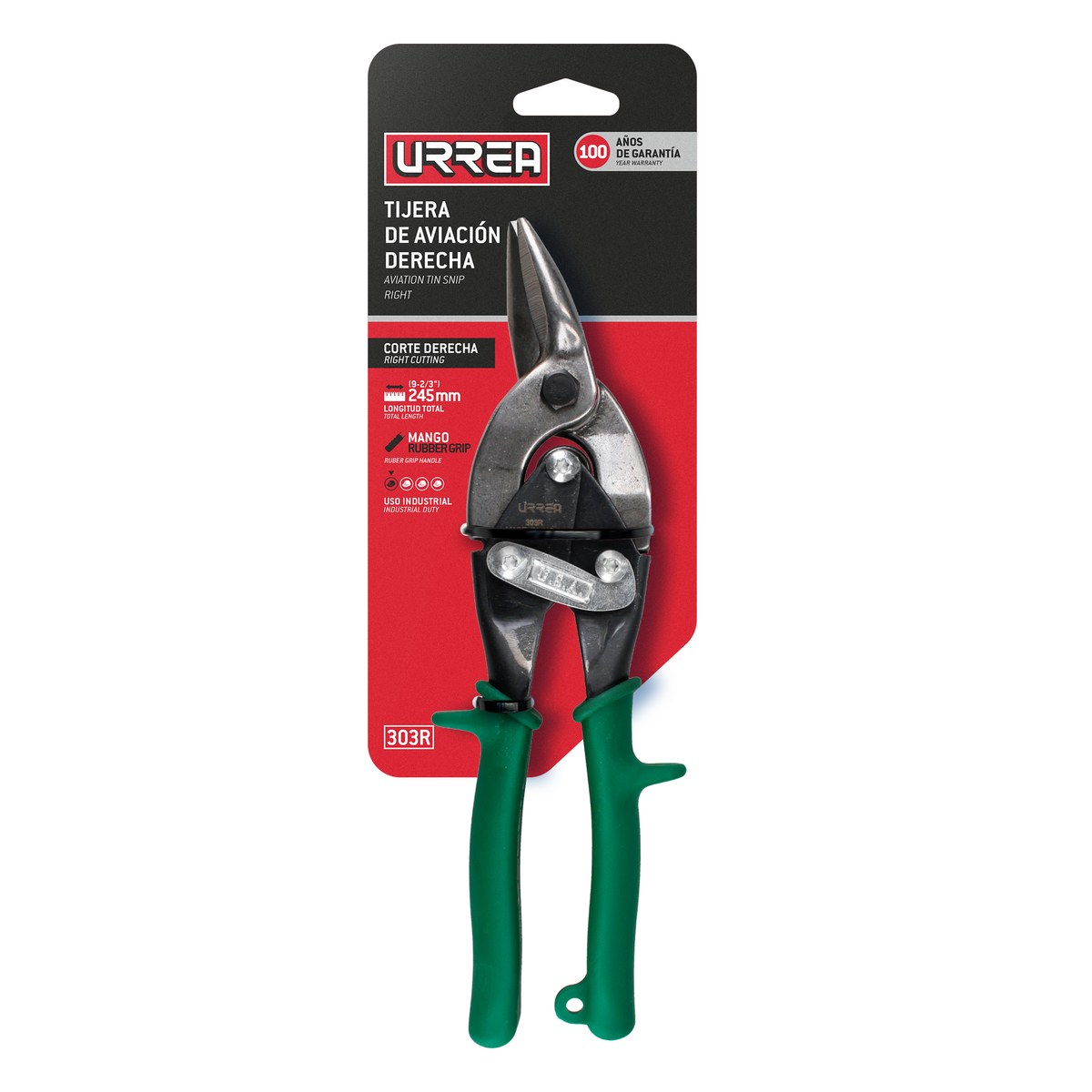 Tijera para hojalatero tipo aviación derecha con mango rubber grip, 10" Urrea - Imagen 3