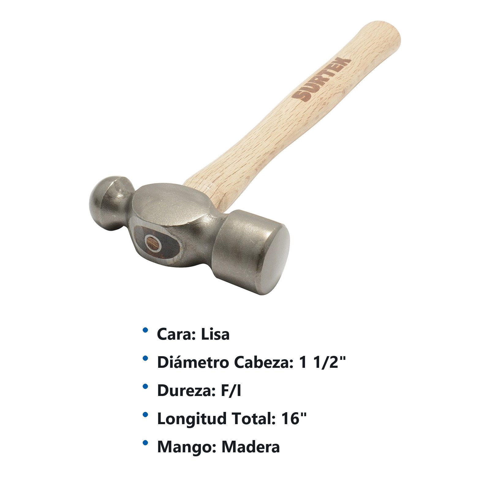 Martillo de bola pulido con mango de madera de encino de 16", 32 oz Surtek - Imagen 3