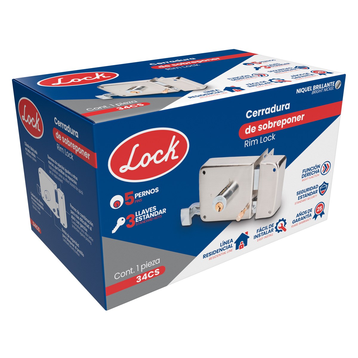 Cerradura de sobreponer función instala fácil, derecha, llave estándar, en caja Lock - Imagen 3