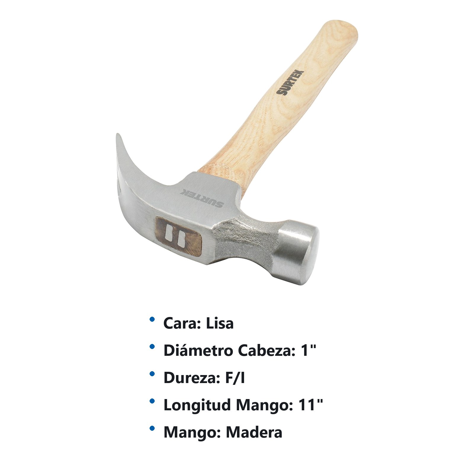 Martillo de uña curva con mango de madera de 11", 8 oz Surtek - Imagen 2