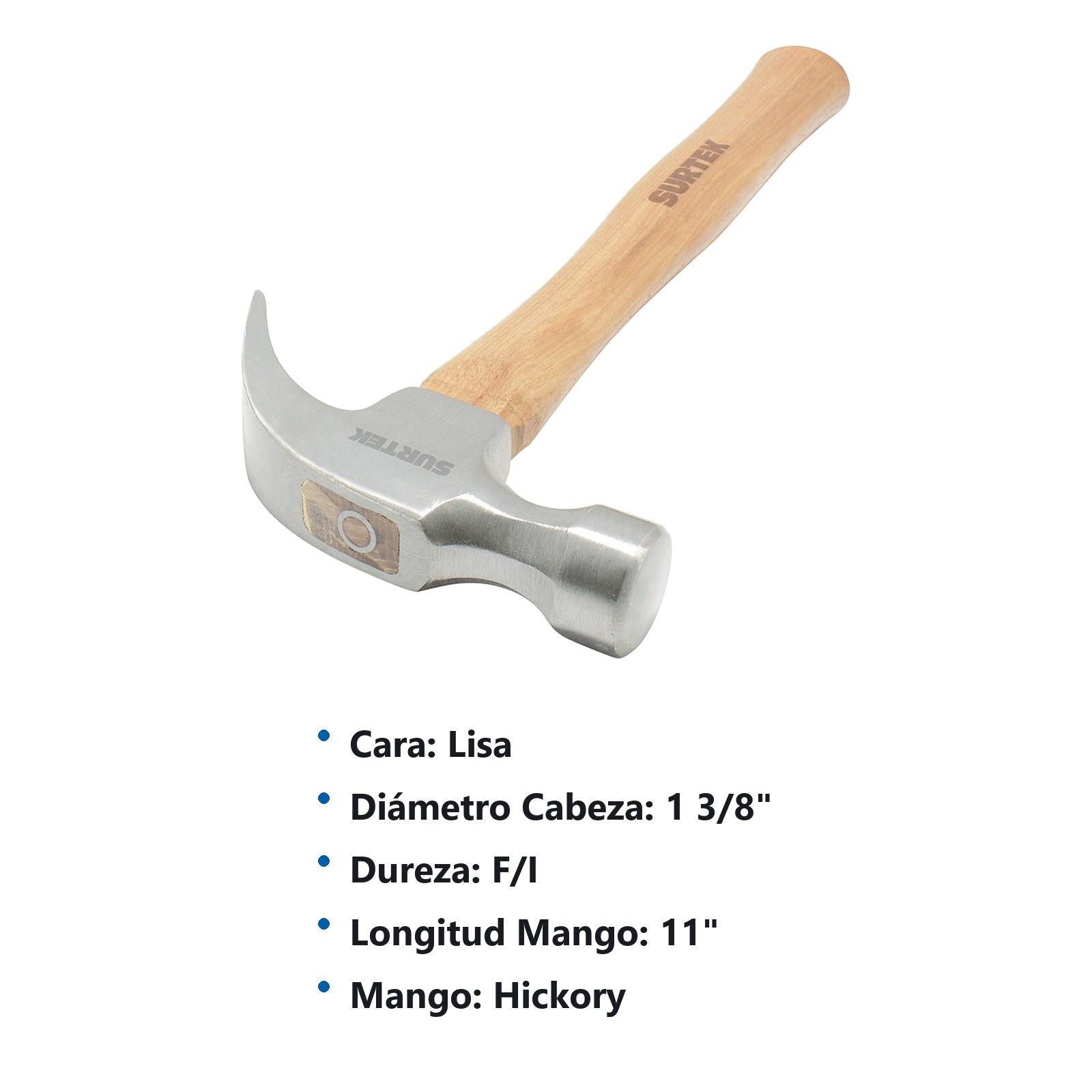 Martillo de uña curva pulido con mango de madera de 11", 8 oz Surtek - Imagen 2
