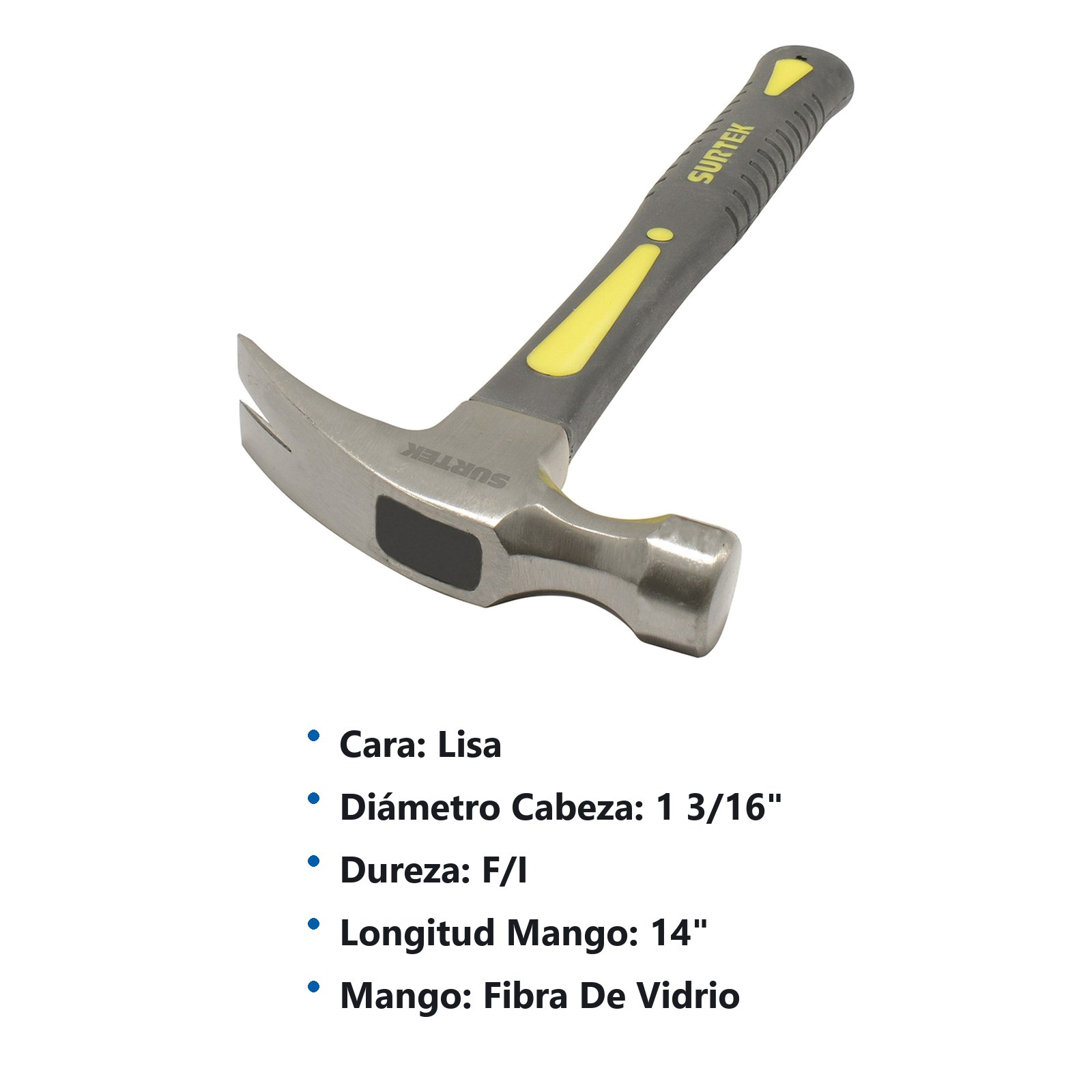 Martillo de uña recta con mango de fibra de vidrio de 14", 16 oz Surtek - Imagen 2