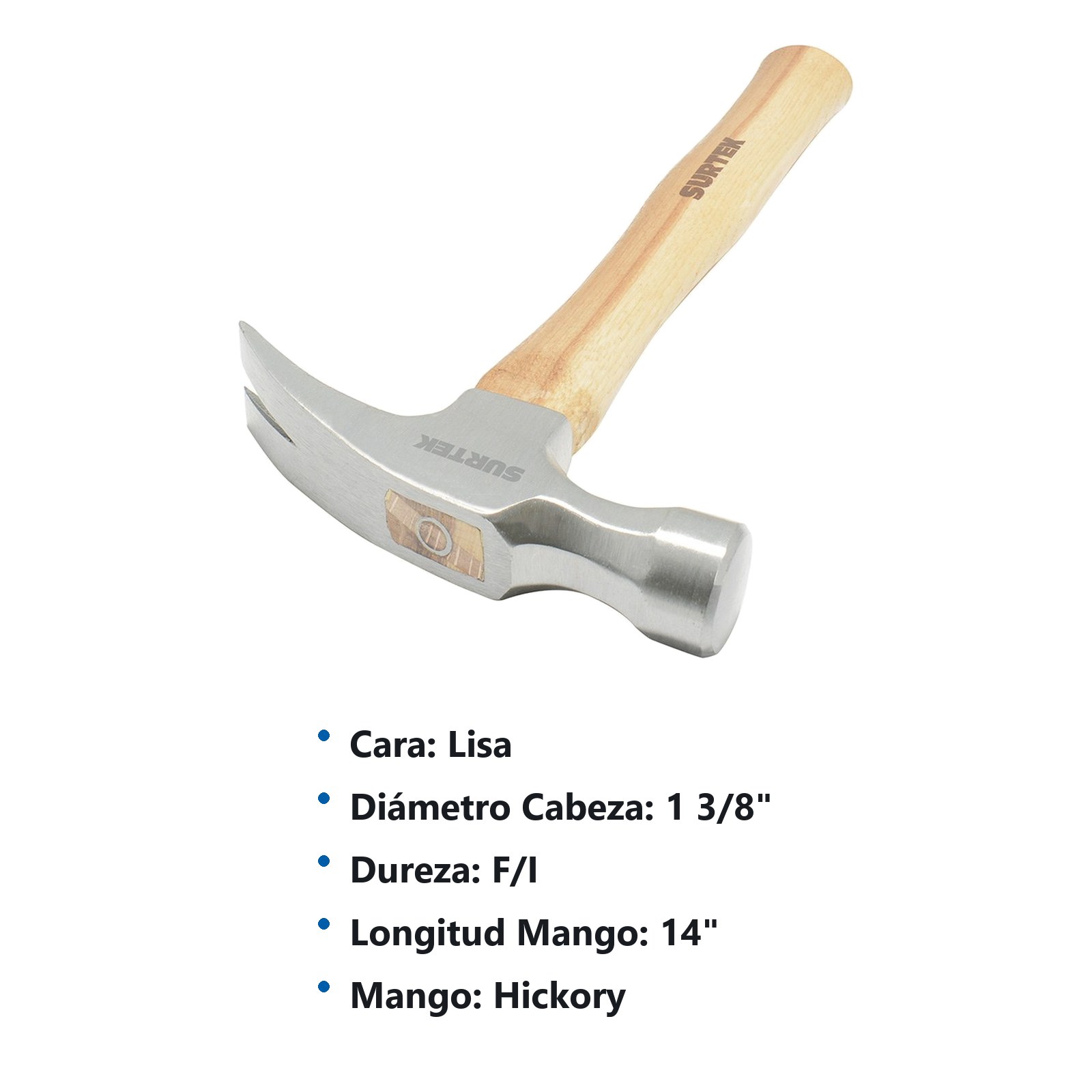 Martillo de uña recta pulido con mango de madera de 14", 16 oz Surtek - Imagen 2