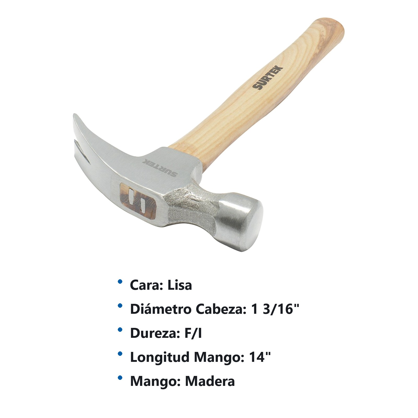 Martillo de uña recta con mango de madera de 14", 20 oz Surtek - Imagen 2