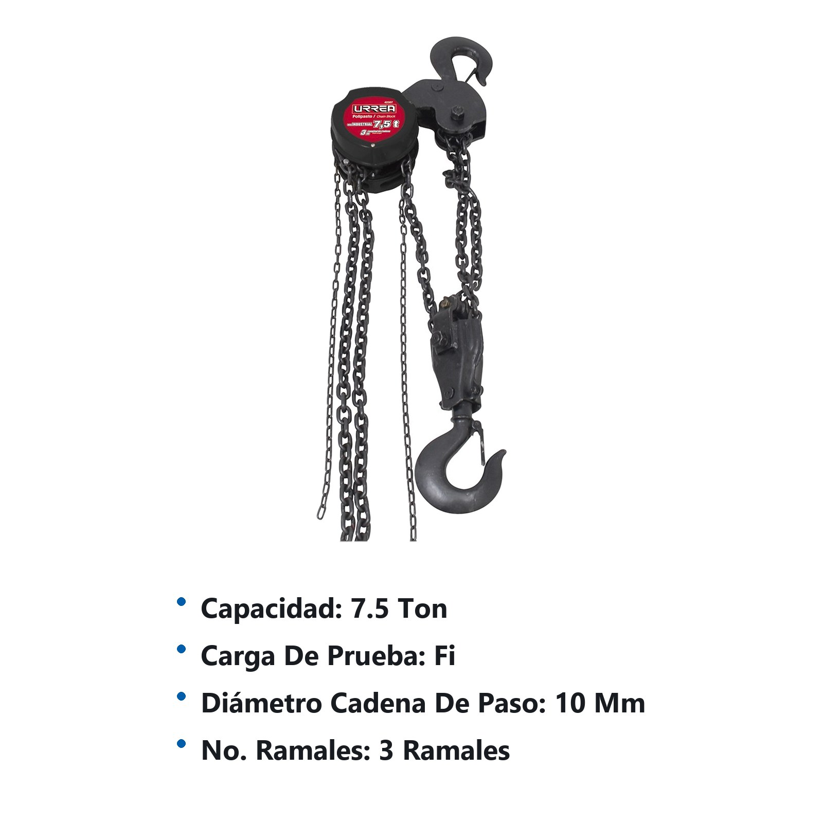 Polipasto manual 3 ramales, 7.5 ton, cadena 3 m Urrea - Imagen 2