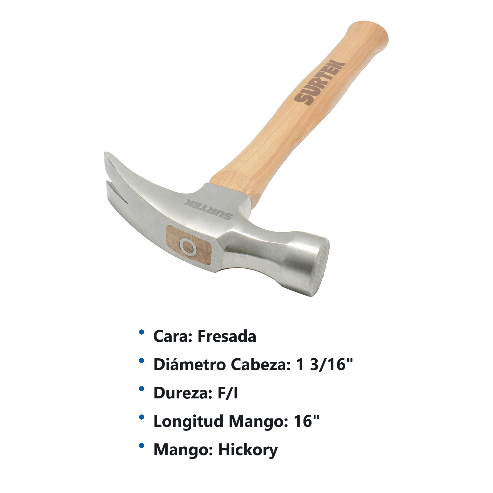 Martillo de uña recta con cabeza fresada con mango de madera de 16", 24 oz Surtek - Imagen 2
