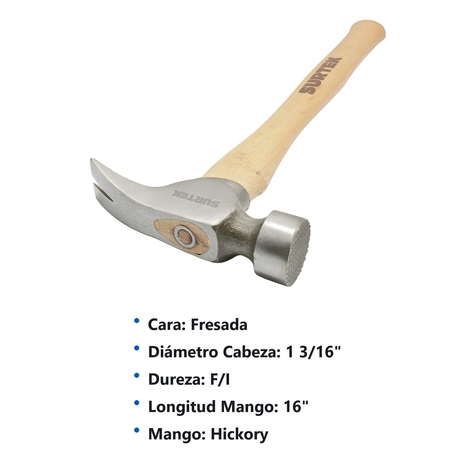 Martillo de uña recta con cabeza frasada tipo california con mango de madera de 16", 25 oz Surtek - Imagen 2