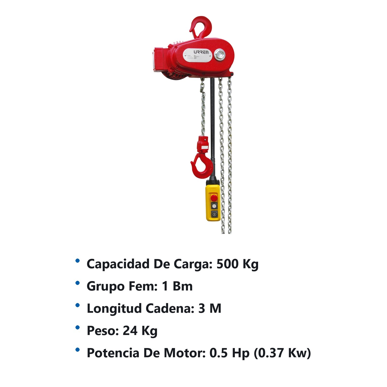 Polipasto eléctrico 1 ramal, 0.5 ton, cadena 3 m Urrea - Imagen 2