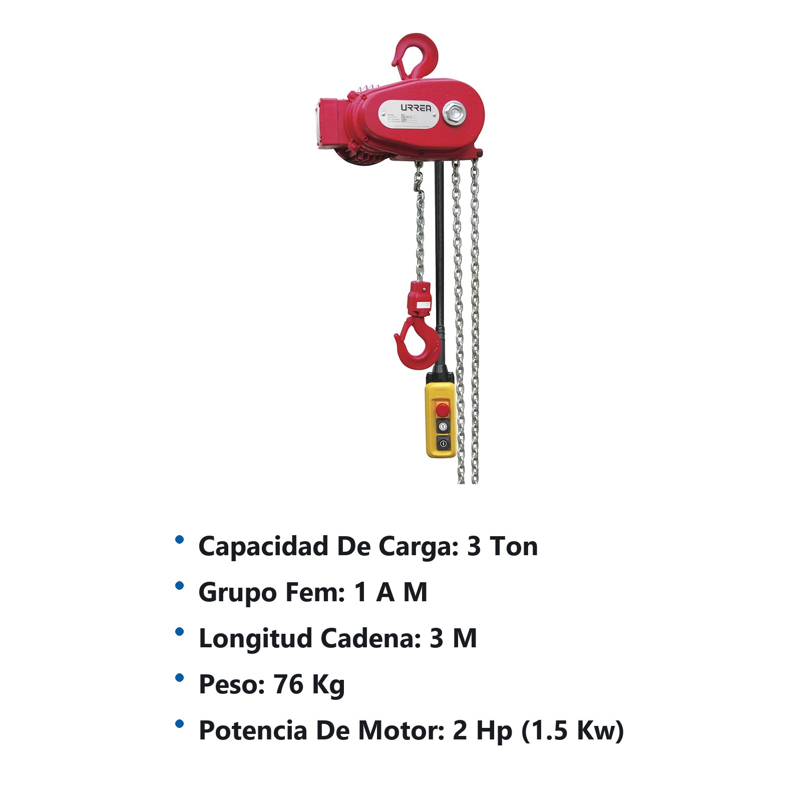 Polipasto eléctrico 2 ramal, 3 ton, cadena 3 m Urrea - Imagen 2