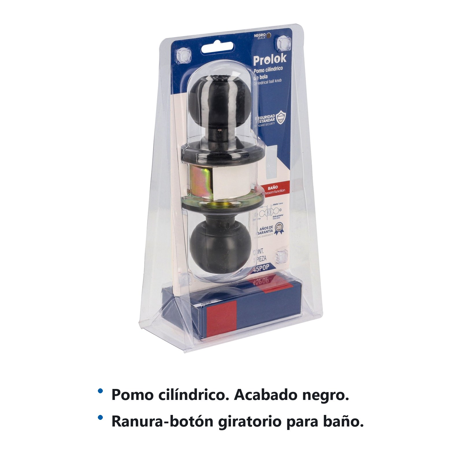 Pomo cilíndrico bola función baño, acero negro, llave estándar Prolok - Imagen 2