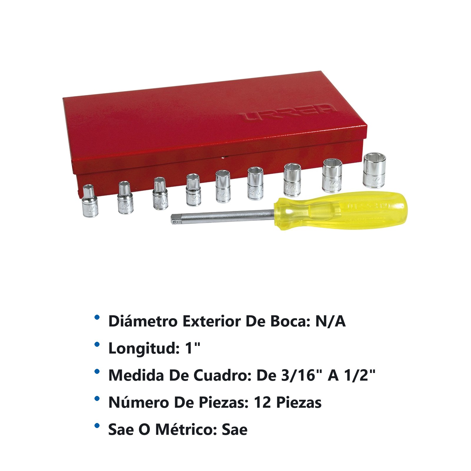 Juego de dados y accesorios cuadro de 1/4" en pulgadas, 12 piezas Urrea - Imagen 3