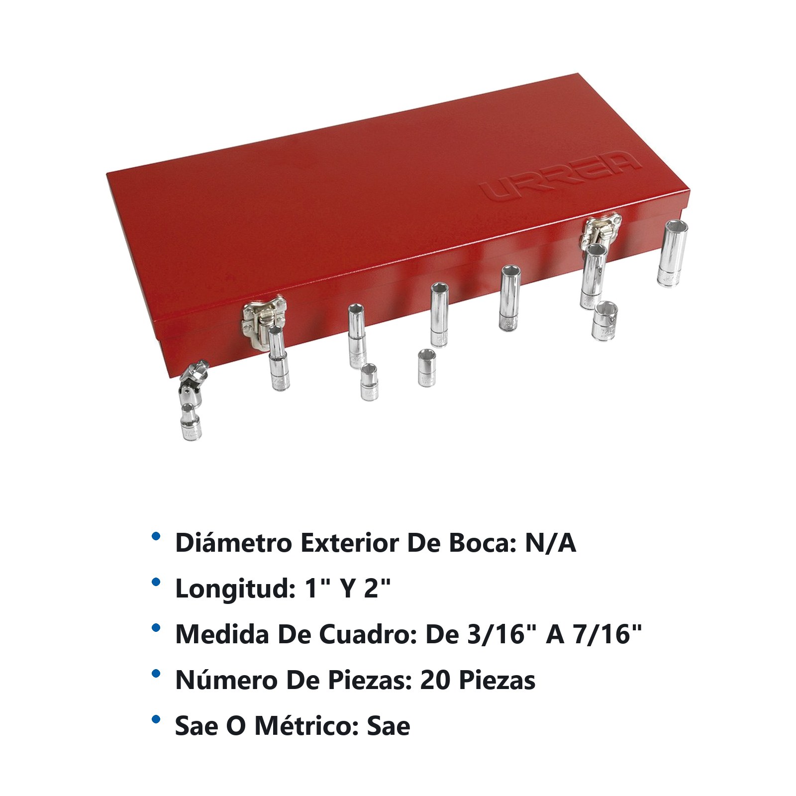 Juego de dados y accesorios cuadro de 1/4" en pulgadas, 20 piezas Urrea - Imagen 3