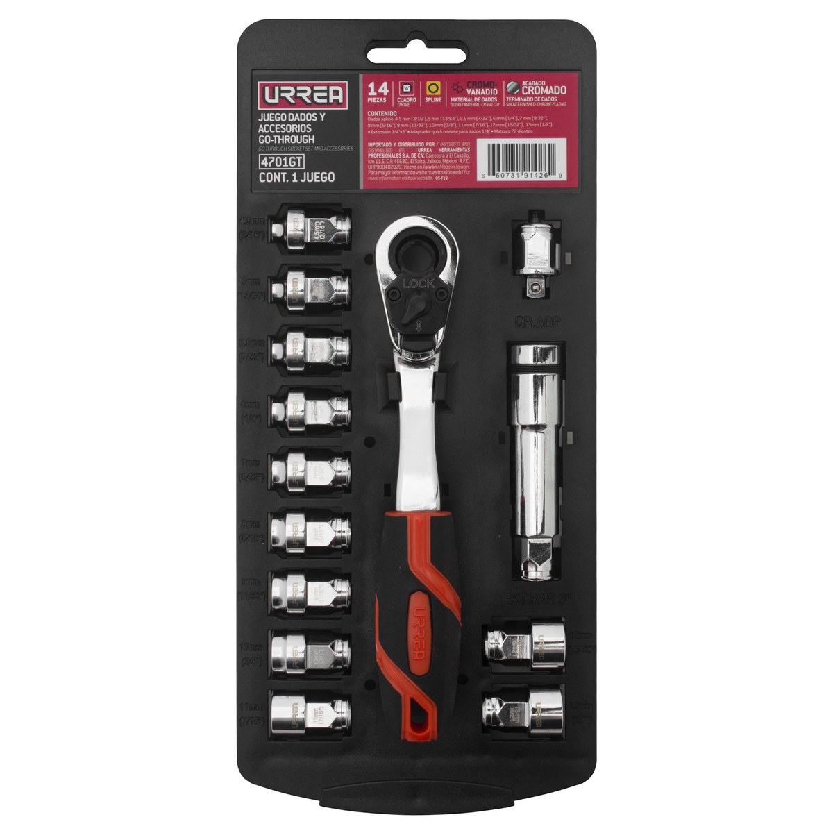 Juego de dados y accesorios cuadro de 1/4" Go-Through combinado, 14 piezas Urrea - Imagen 2