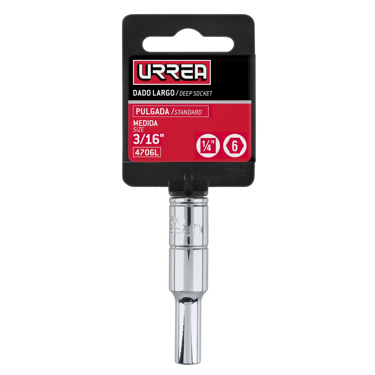 Dado largo cuadro de 1/4", 6 puntas, en pulgadas, 3/16" Urrea - Imagen 3