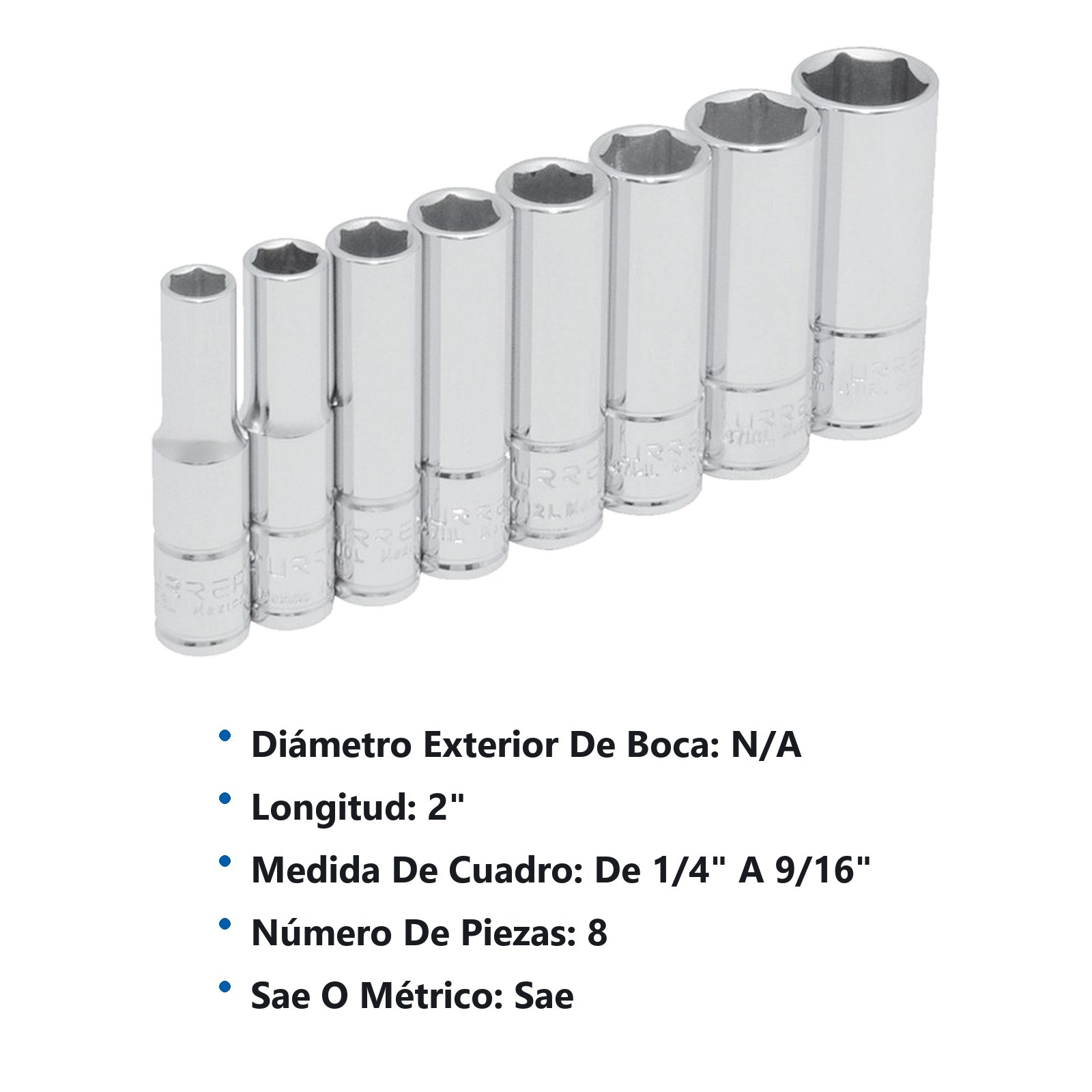 Juego de dados largos cuadro de 1/4", 6 puntas, en pulgadas, 8 piezas Urrea - Imagen 3