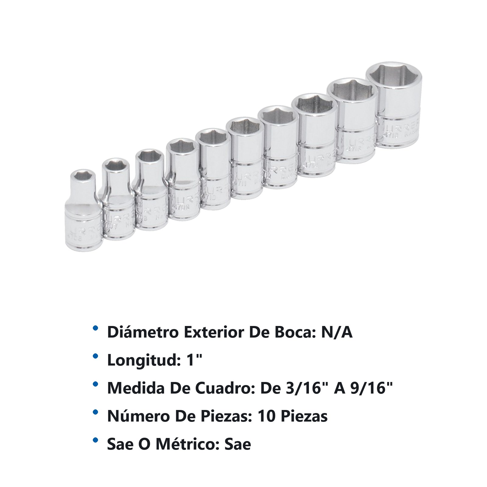 Juego de dados cuadro de 1/4" en pulgadas, 10 piezas Urrea - Imagen 3