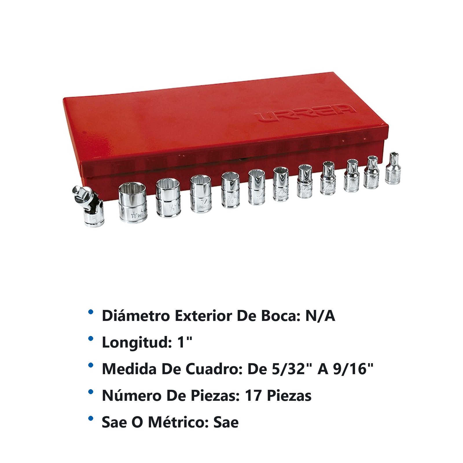 Juego de dados y accesorios cuadro de 1/4" en pulgadas, 17 piezas Urrea - Imagen 3
