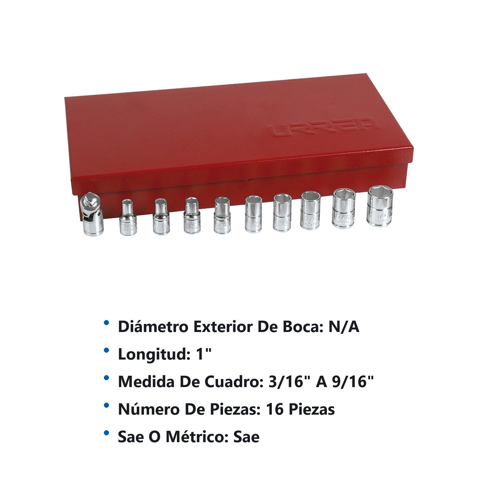 Juego de dados y accesorios cuadro de 1/4" en pulgadas, 16 piezas Urrea - Imagen 3
