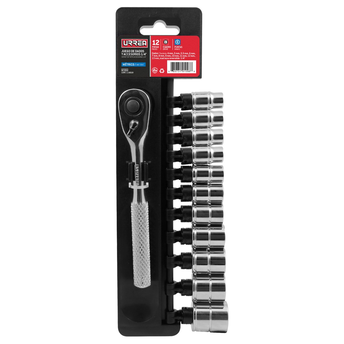 Juego de dados y accesorios cuadro de 1/4" métrico, 12 piezas Urrea - Imagen 2