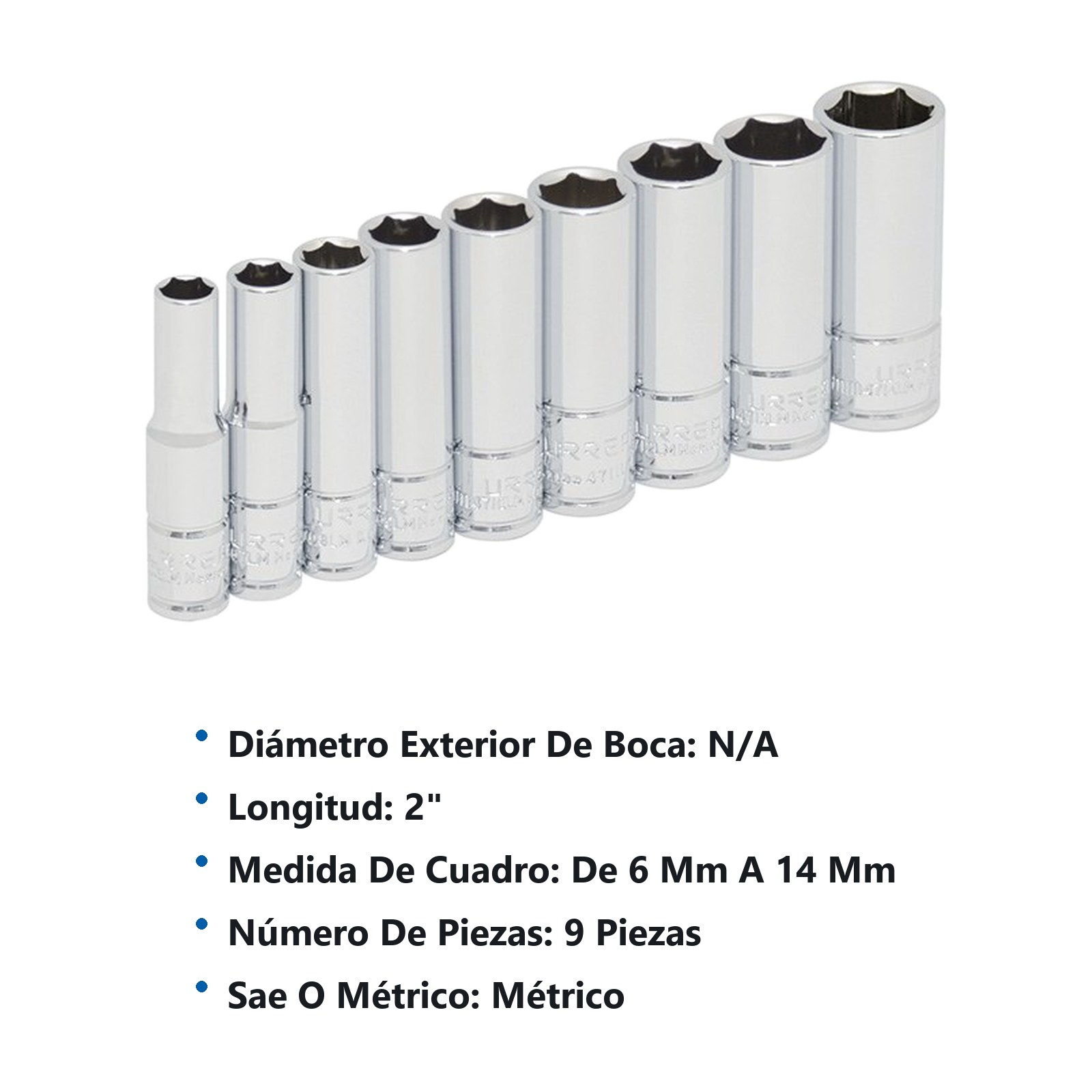 Juego de dados largos cuadro de 1/4", 6 puntas, métricos, 9 piezas Urrea - Imagen 3