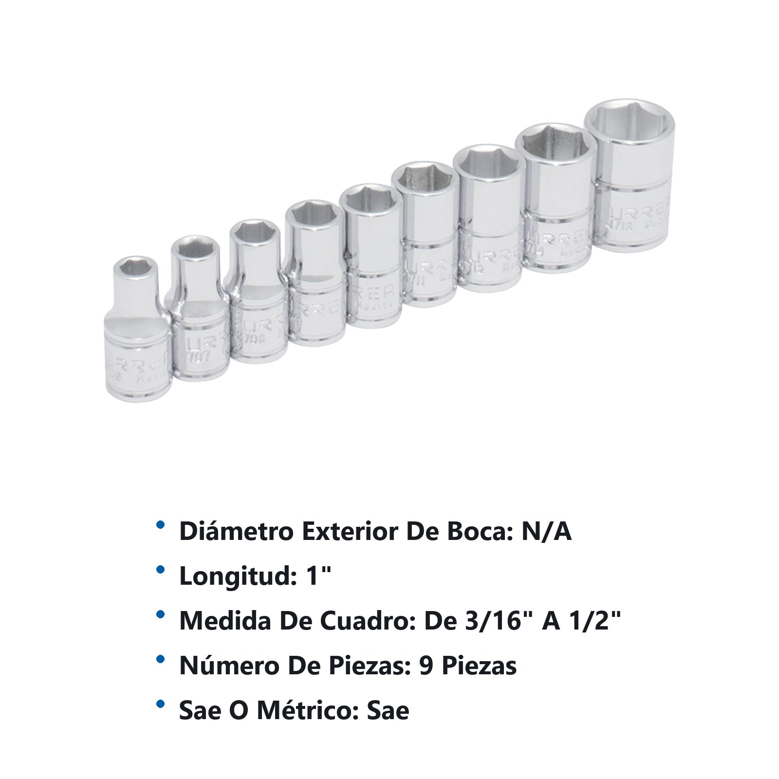 Juego de dados cuadro de 1/4" en pulgadas, 9 piezas Urrea - Imagen 3