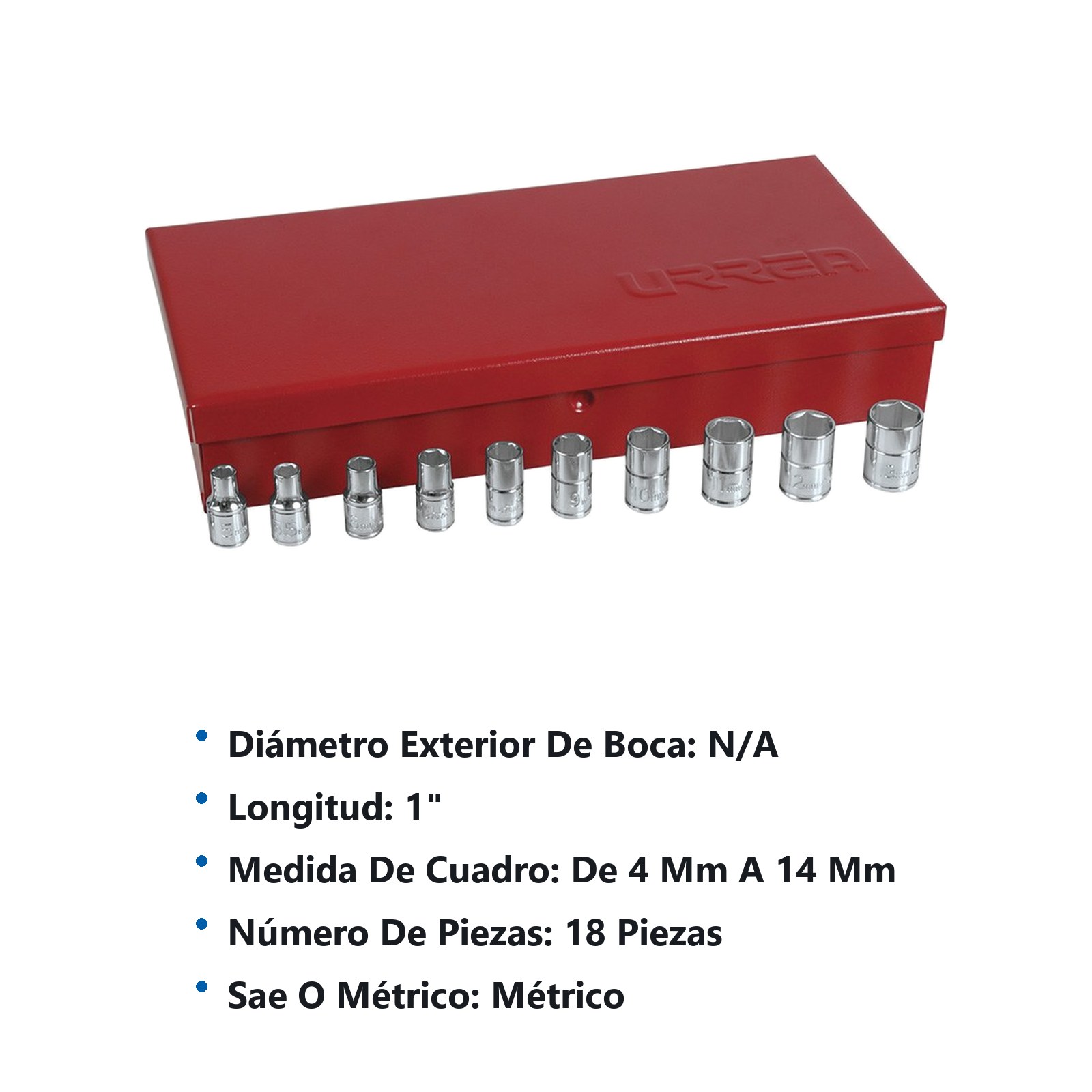 Juego de dados y accesorios cuadro de 1/4" métrico, 18 piezas Urrea - Imagen 3