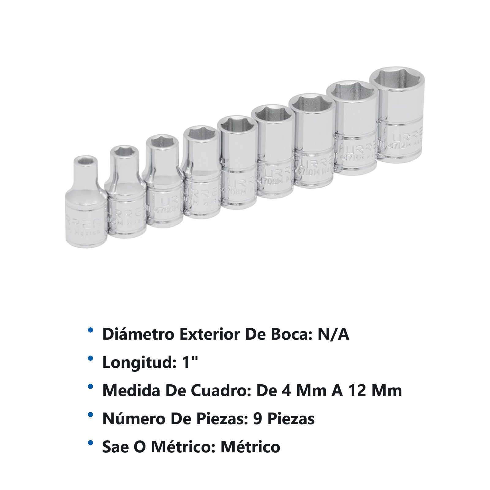 Juego de dados cuadro de 1/4", 6 puntas, métricos, 9 piezas Urrea - Imagen 3