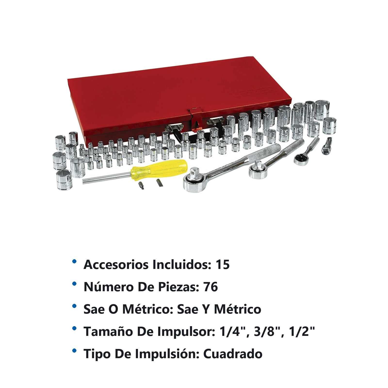 Juego de dados y accesorios cuadro de 1/4", 3/8" y 1/2" combinado, 76 piezas Urrea - Imagen 3