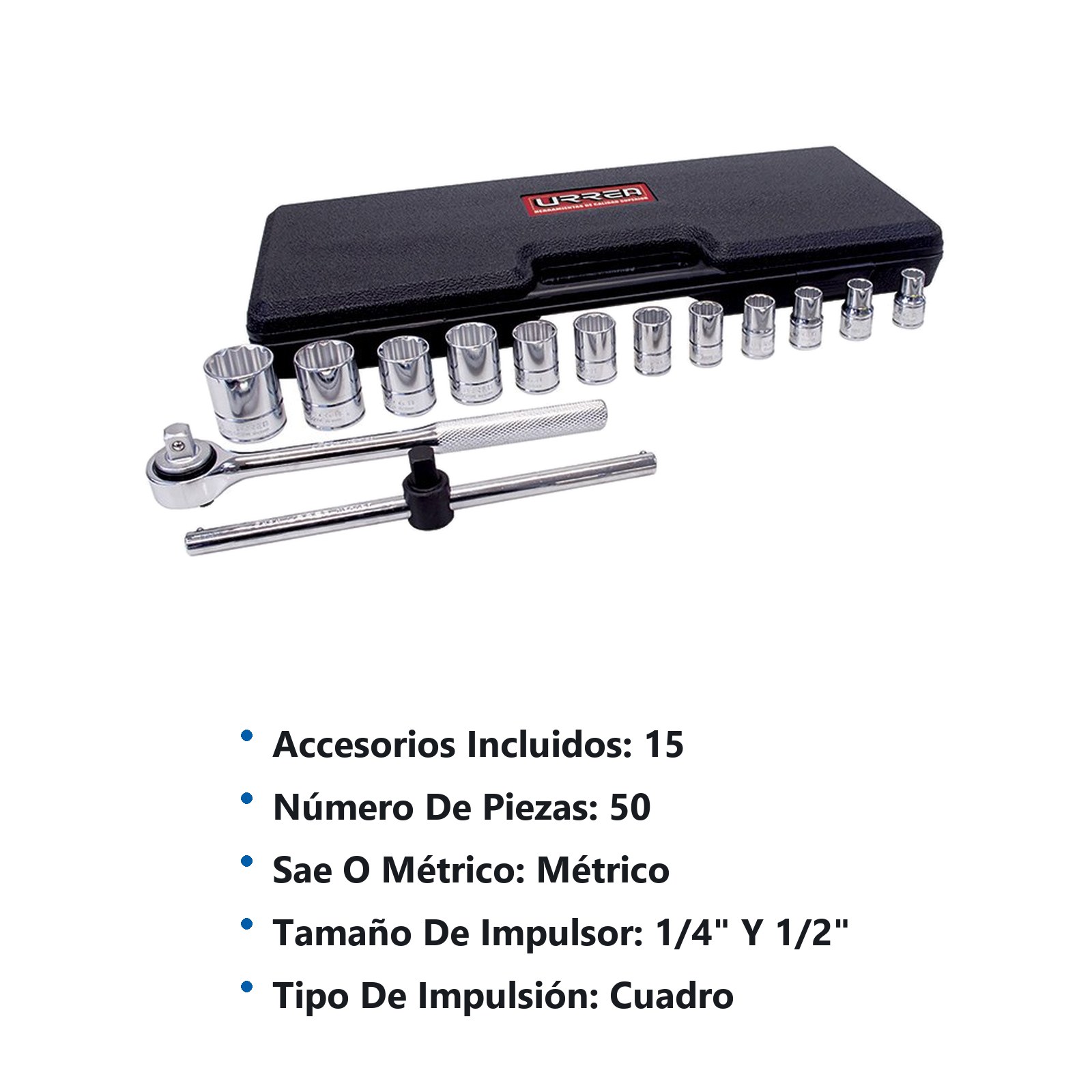 Juego de dados y accesorios cuadro de 1/4" y 1/2" métrico, 50 piezas Urrea - Imagen 3