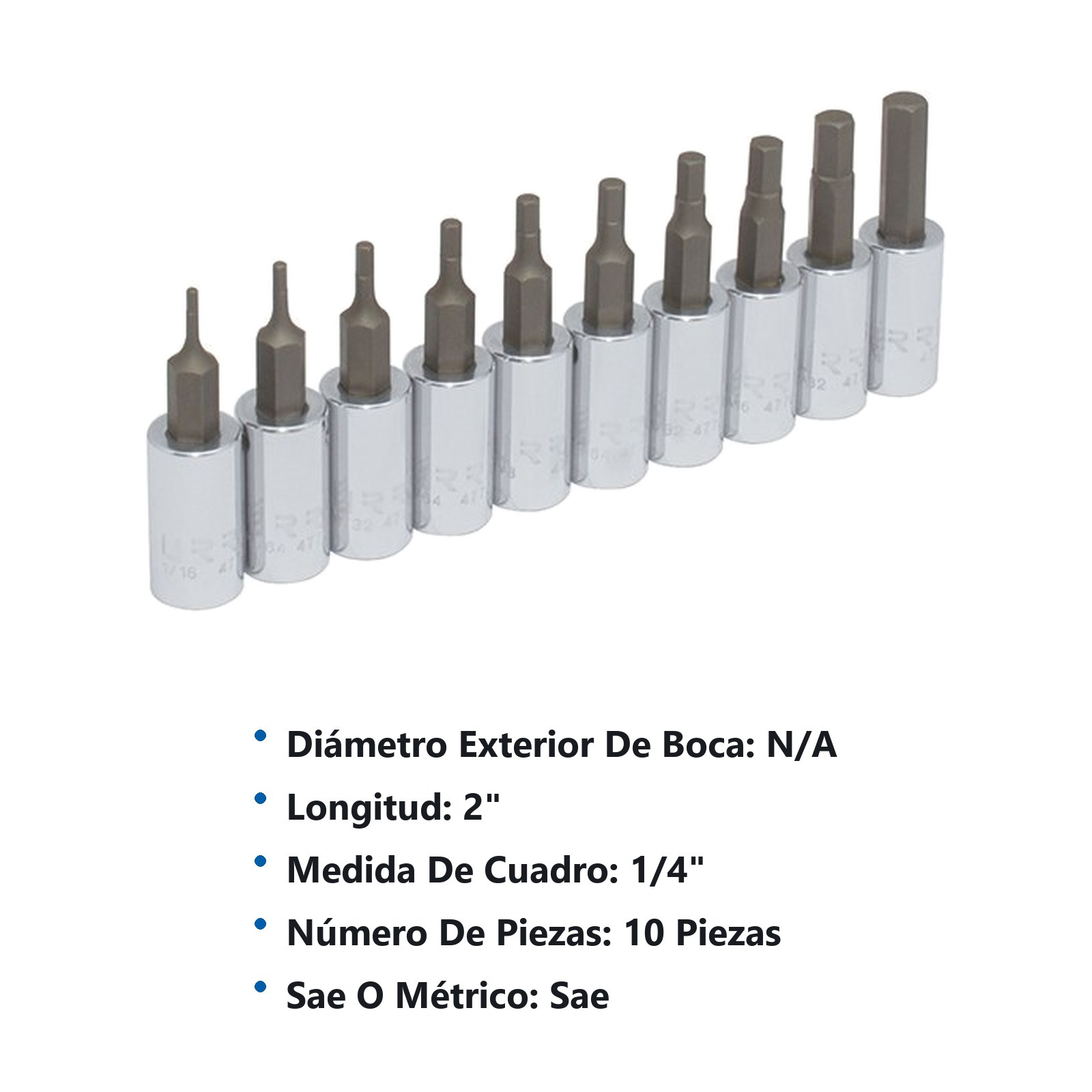Juego de dados con punta hexagonal cuadro de 1/4", en pulgadas, 10 piezas Urrea - Imagen 2