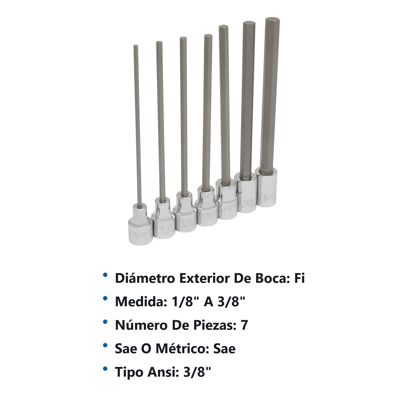 Juego de dados punta hexagonal extra larga cuadro de 3/8", en pulgadas, 7 piezas Urrea - Imagen 2