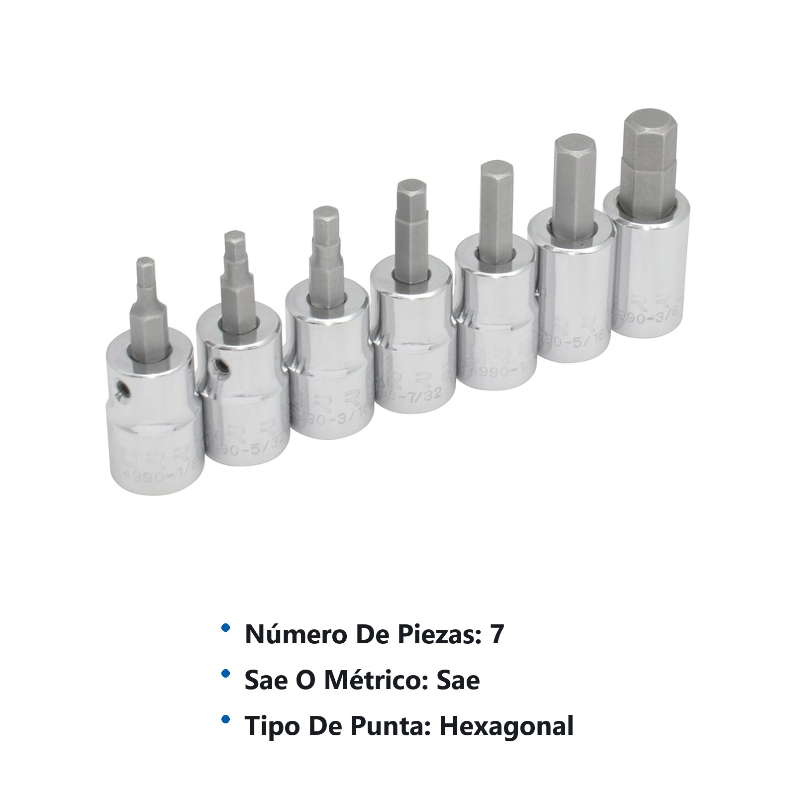 Juego de dados punta hexagonal cuadro de 3/8", en pulgadas, 7 piezas Urrea - Imagen 3