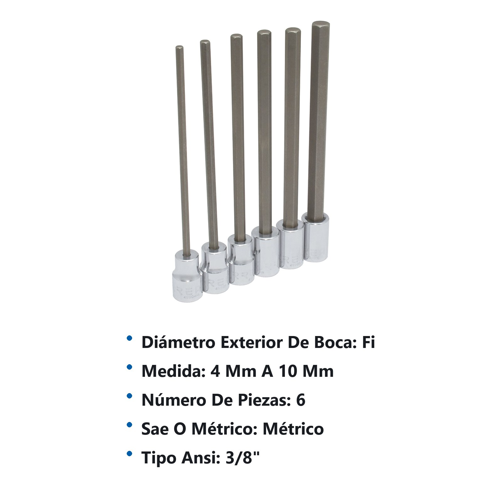 Juego de dados punta hexagonal extra larga cuadro de 3/8", métricos, 6 piezas Urrea - Imagen 2